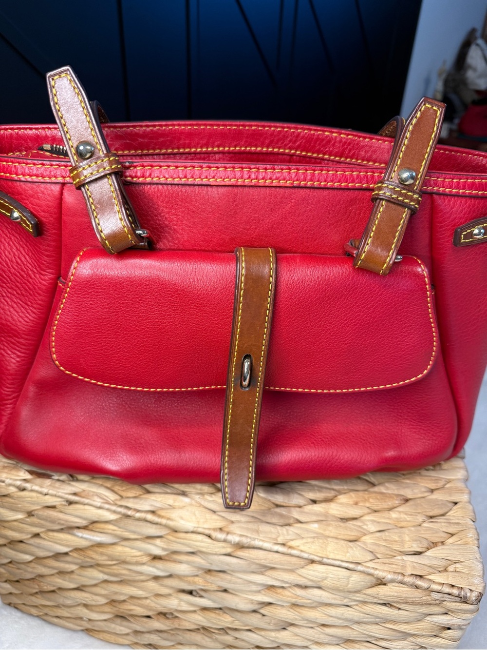 Dooney & Bourke Red Pebble Grain Leather Tote – Brown Contrast Trim